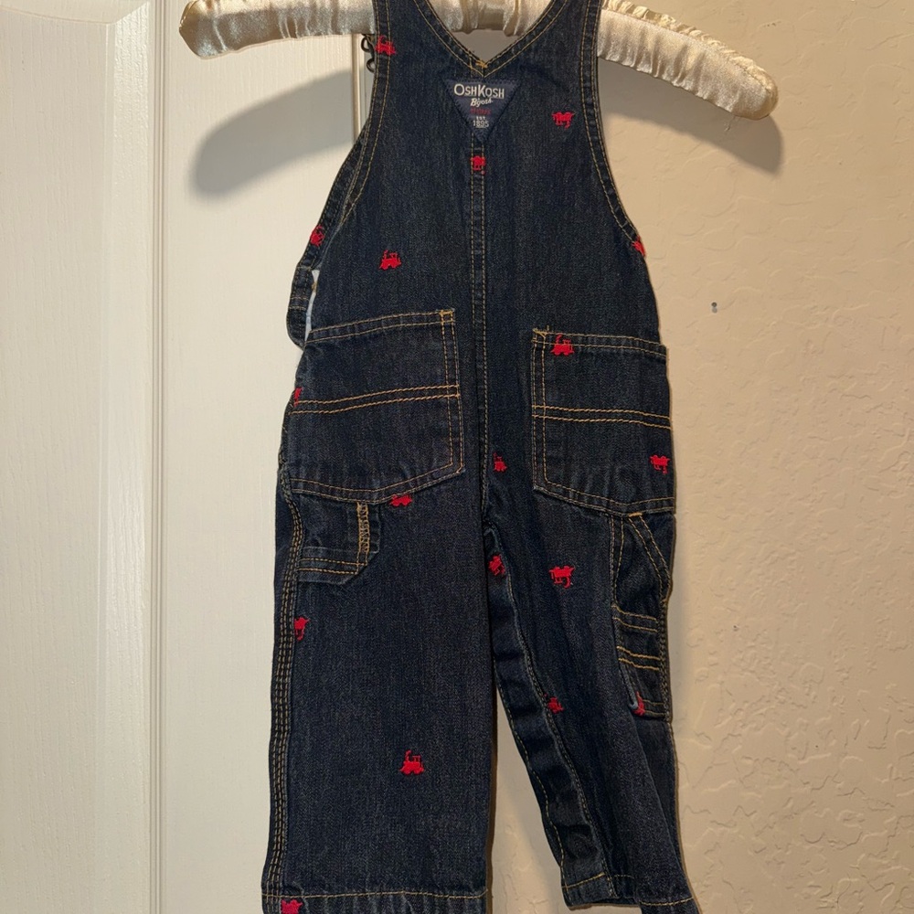 OshKosh B'gosh Kids Denim Overalls - Dark Blue with Red Trains - Picture 2 of 5
